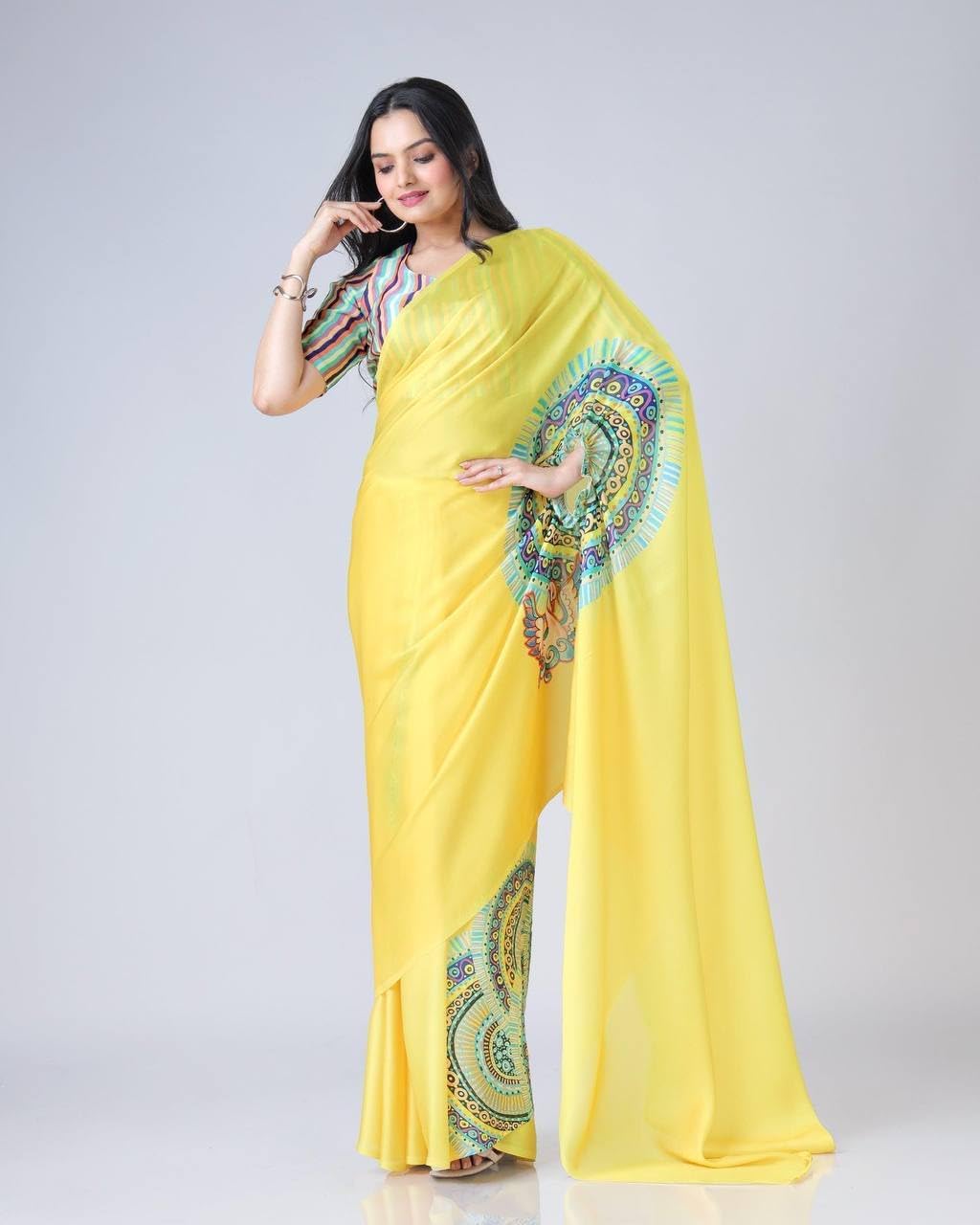 MOHIT CREATIONS One Minute & 2 Different Way Japan Satin Printed Hands Free Ready To Wear Saree With Unstiched Blouse Piece