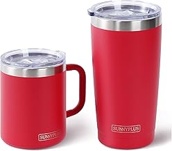 SUNNYPLUS 12oz & 20oz Insulated Coffee Mug with Lid and Handle and Straw,Stainless Steel Togo Coffee Travel Mug Tumbler,Vacuum Double Wall Reusable Thermo Cup,Keep Drinks Cold Hot(Wine Red)