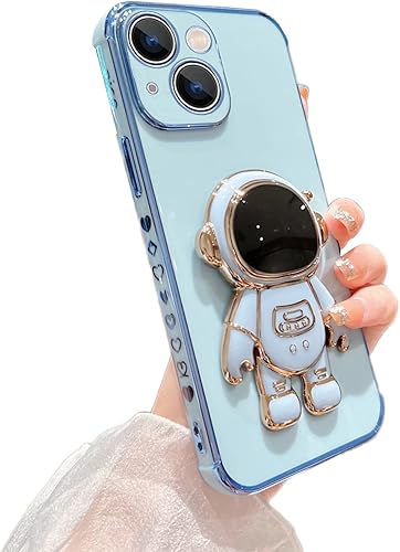 Omio - Funda compatible con iPhone 15 con soporte oculto de astronauta, funda de lujo chapado en corazón con borde lateral, pequeño patrón de amor
