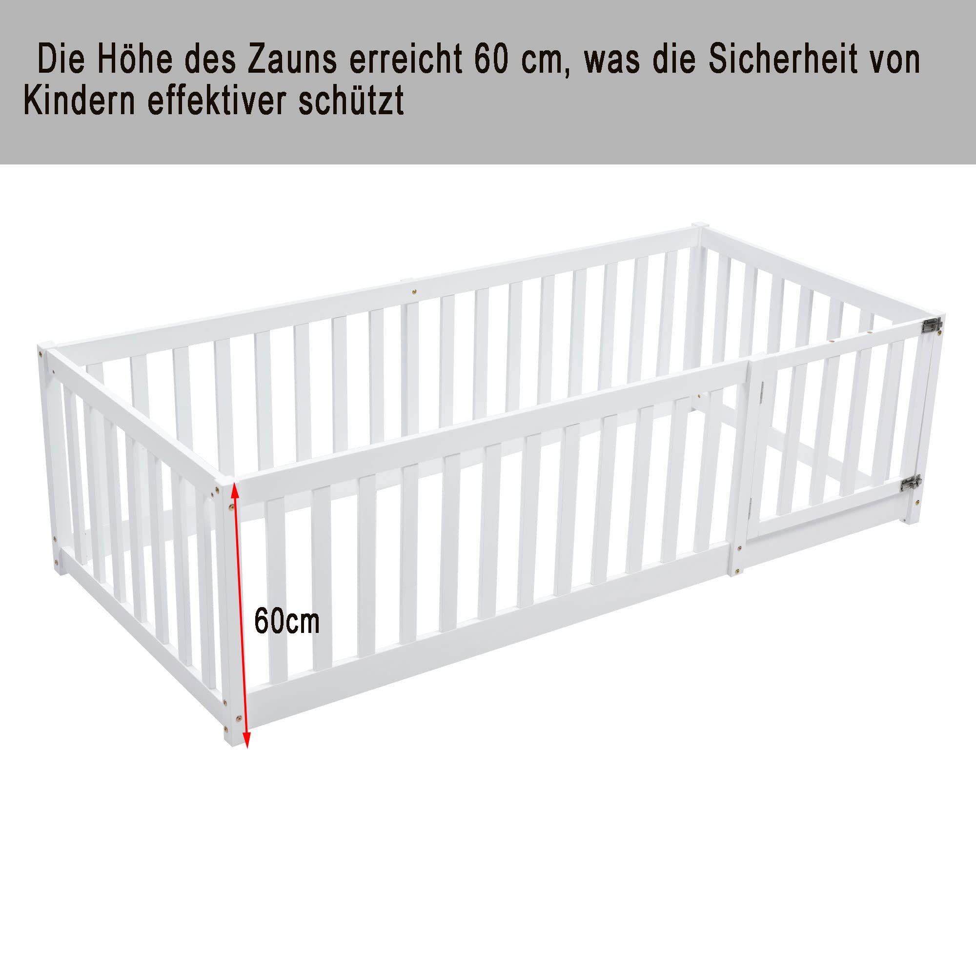 Zepneiy Letto per bambini, 90 x 200 cm, telaio per letto a pavimento in legno massello, letto per bambini con recinzione e porta, bianco