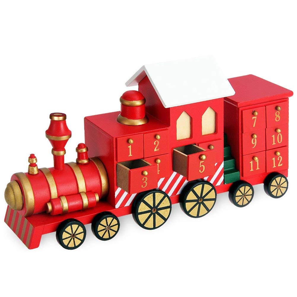 BAKAJI Calendrier de l'Avent de Noël en bois avec 24 tiroirs numérotés pour surprise, décorations de Noël, maison (train de Noël)