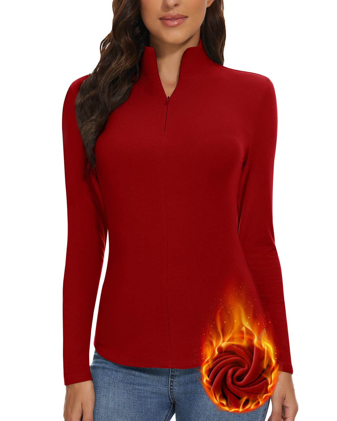 WOWENY Thermisch shirt met lange mouwen voor dames, 1/4 ritssluiting