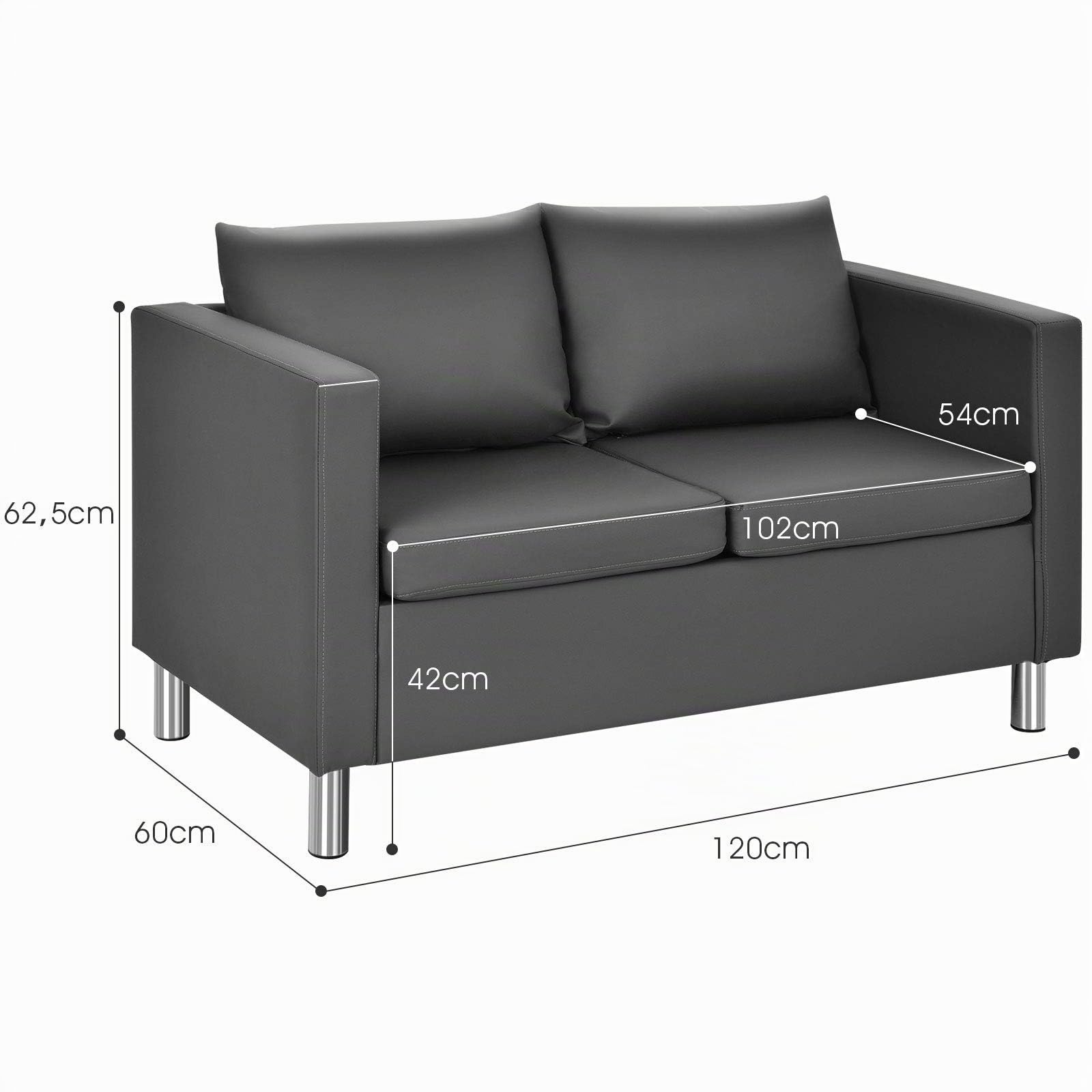 HOMASIS Divano a 2 posti, con cuscino per schienale e seduta rimovibili, con piedini in metallo, divano lounge per soggiorno e ufficio, 120 x 60 x 62,5 cm, grigio