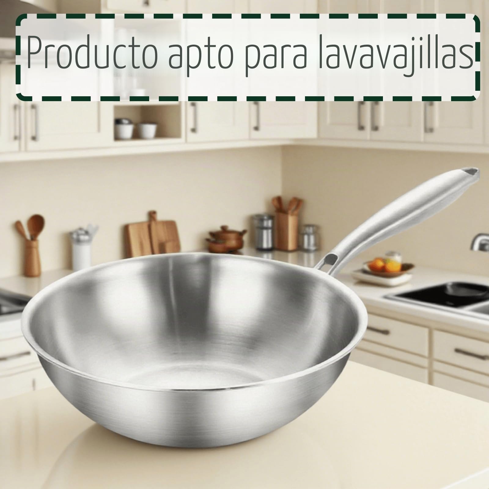 Sartén de acero inoxidable de 24 cm para inducción, wok, toda la olla de acero de tres capas, con tapa, apta para inducción y cocina de gas, 20% de ahorro de energía, apta para horno hasta