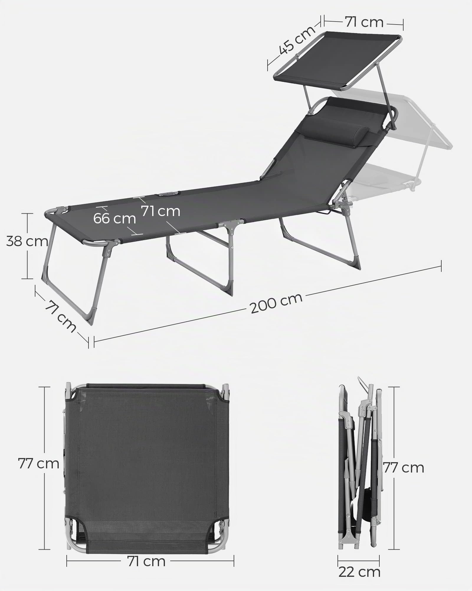 SONGMICS Tumbona Plegable Grande 200 x 71 x 38 cm, Capacidad de Carga 150 kg, con Parasol y Respaldo Ajustable, para jardín, Piscina, terraza, Gris Oscuro GCB22GYV2