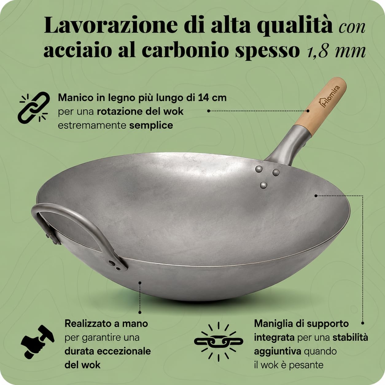 Homira Wok 36 cm in Acciaio al Carbonio, Martellato a Mano, Fondo Rotondo e Manico in Legno, Padella Wok Tradizionale Senza PFAS per Fornelli a Gas, Bruciatore Wok, Barbecue e Outdoor
