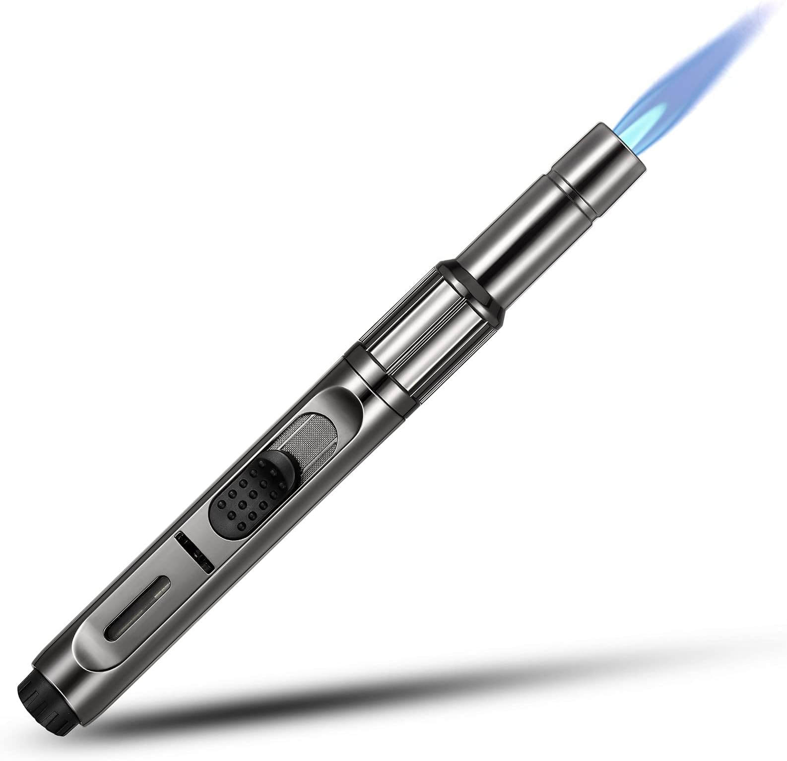 Butane Torch With Long Refillable Kitchen Lighter, Visible Fuel Window, Adjustable Jet Flame Pen for Grill, Fireplace (Black1)
