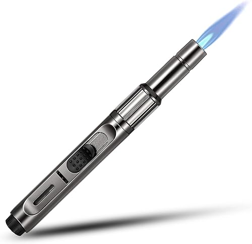 Antorcha de butano con encendedor de cocina largo recargable, ventana de combustible visible, bolígrafo de llama de chorro ajustable para parrilla,