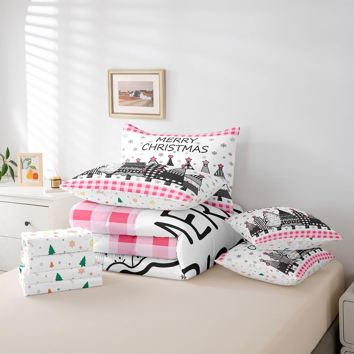 Pink Christmas Tree Bed in a Bag Queen Comforter Set 7 Piece, Buffalo Plaid Christmas Decorations Bedding Sets Cute Xmas Snowflake Comforter and Sheet Set, Geometric Grid Lattice Room Decor