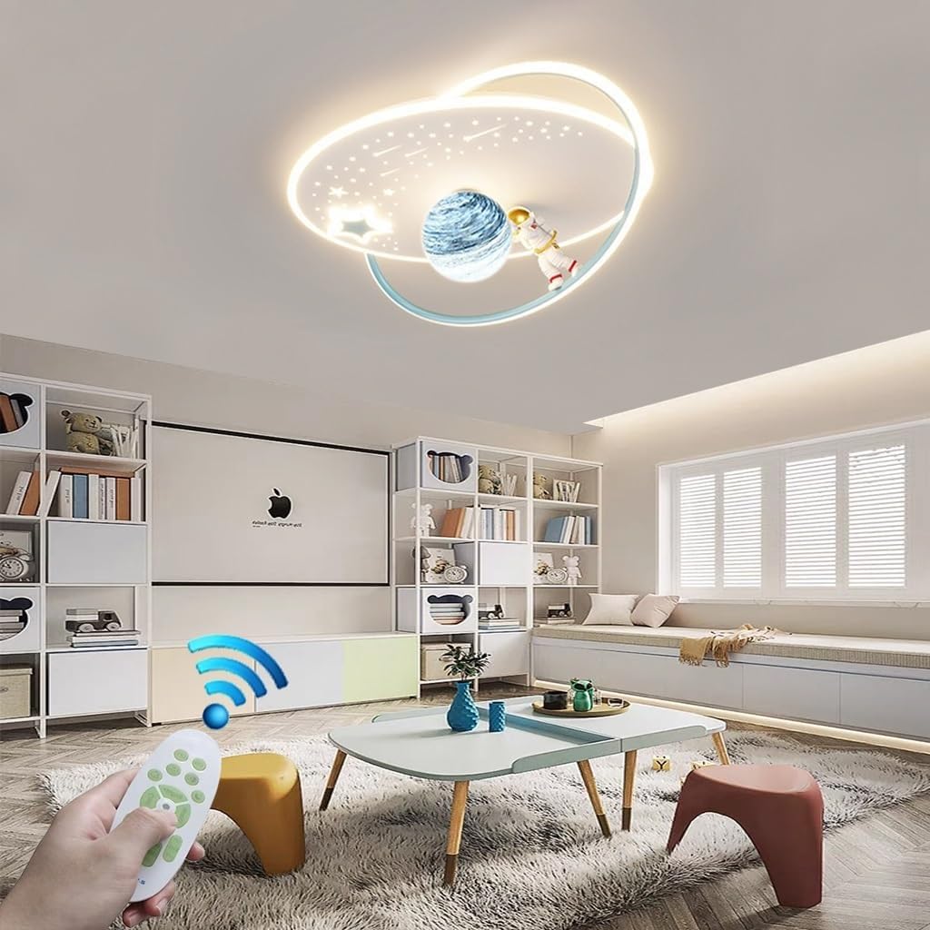 SjEng Astronaut Ceiling Light, LED Dimmable Flush Mount with Remote Control, 3000K-6000K, Modern Kids Bedroom Fixture for Boys, Space Themed Nursery, Study, Dining Room