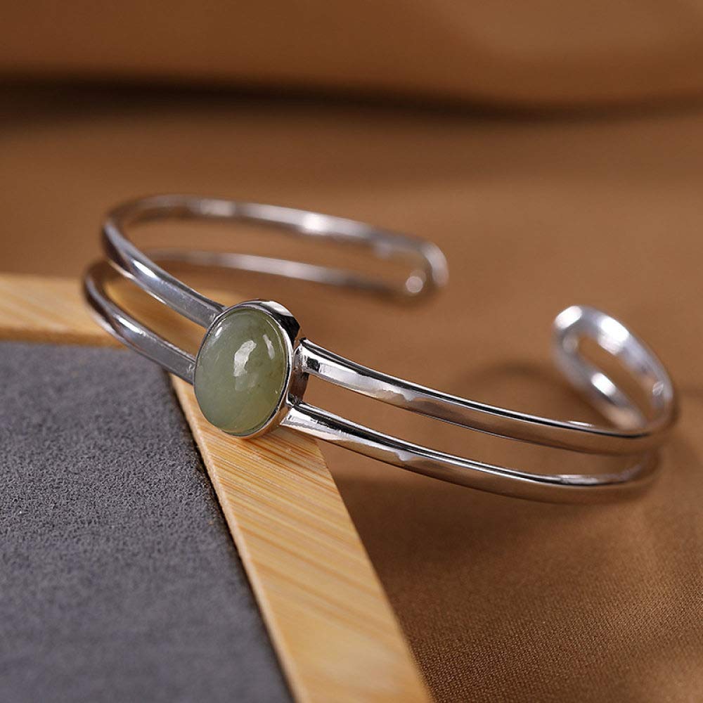 S925 Vintage Pulsera De Plata para Mujeres Hombres Oval con Incrustaciones De Jade Apertura Simple Y Sencillo Estilo Chino Personalidad Creativa Encanto Hermoso Regalo