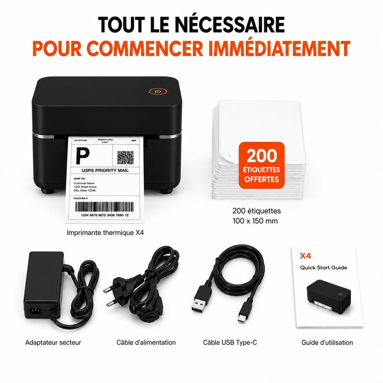 Imprimante Étiquettes Expédition Bluetooth Thermique 4x6 | + 200 Bordereaux 10×15 Offerts | Vinted, Amazon, iPhone, Android