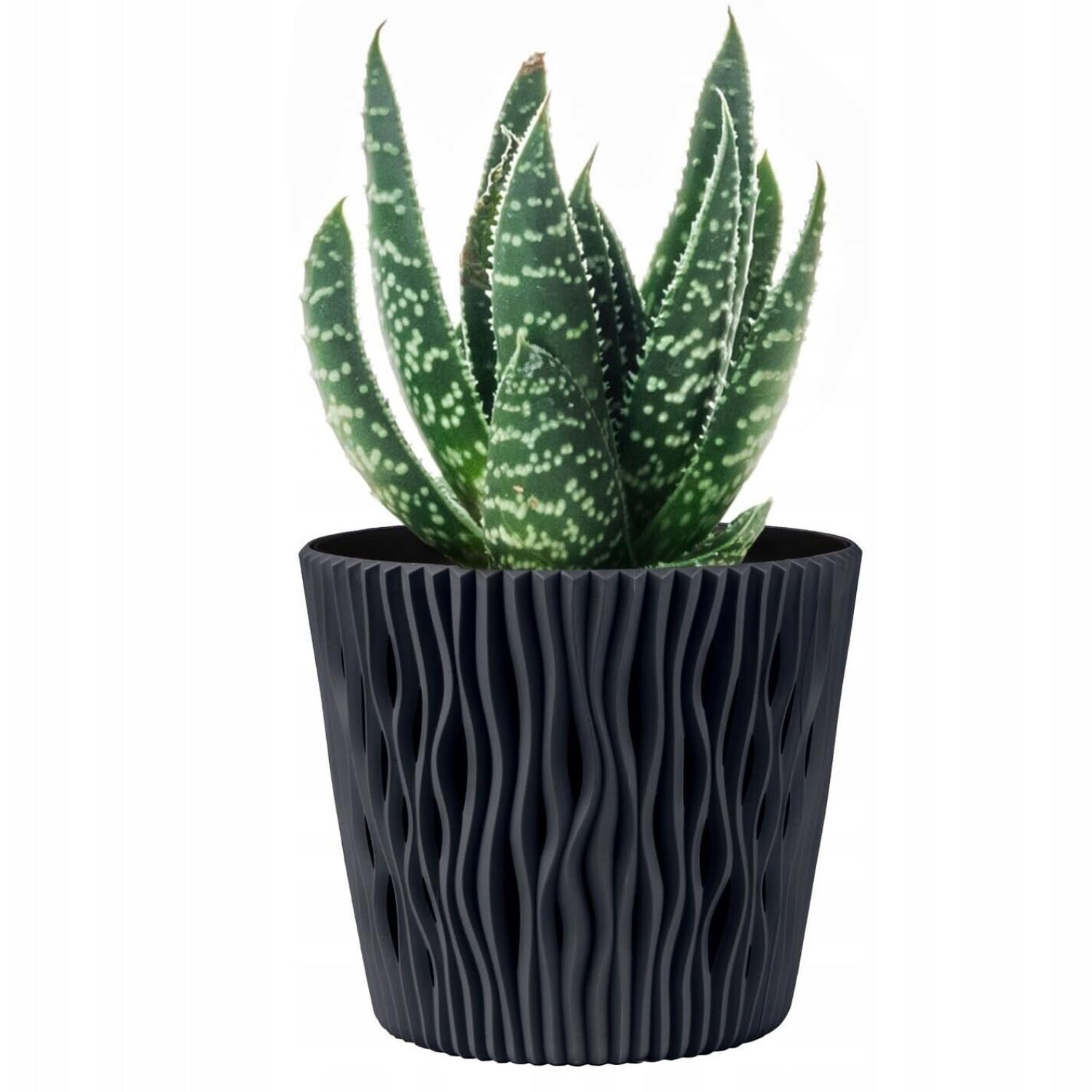 B2C Indoor Plant Pots with Insert Plastic Flowerpot Small Large Planter Home Decor Wavy Grooves Texture Removable insert (Anthracite, 19cm)