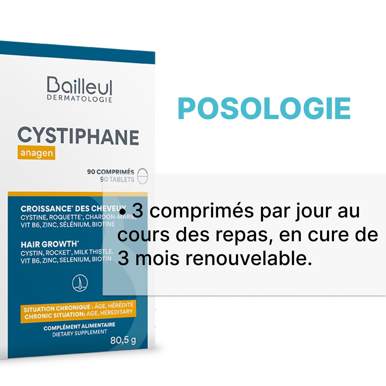 Bailleul | Cystiphane Anagen | Complemento alimenticio para el cabello | Favorece el crecimiento y la resistencia del cabello | Caída crónica del cabello | Cistina – Vitamina B6 | 3 x 90 comprimidos