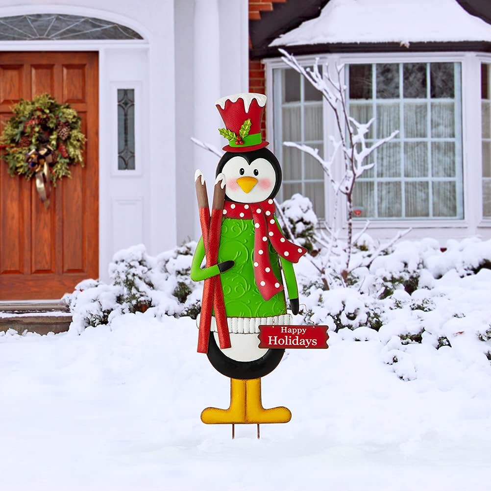 Glitzhome 36" H Metal Penguin Yard Stake, Garden Penguin Sign Christmas Ornaments Garden Stakes Lawn Patio Decor for Outdoor Stake Indoor Standing Hanging Decorations