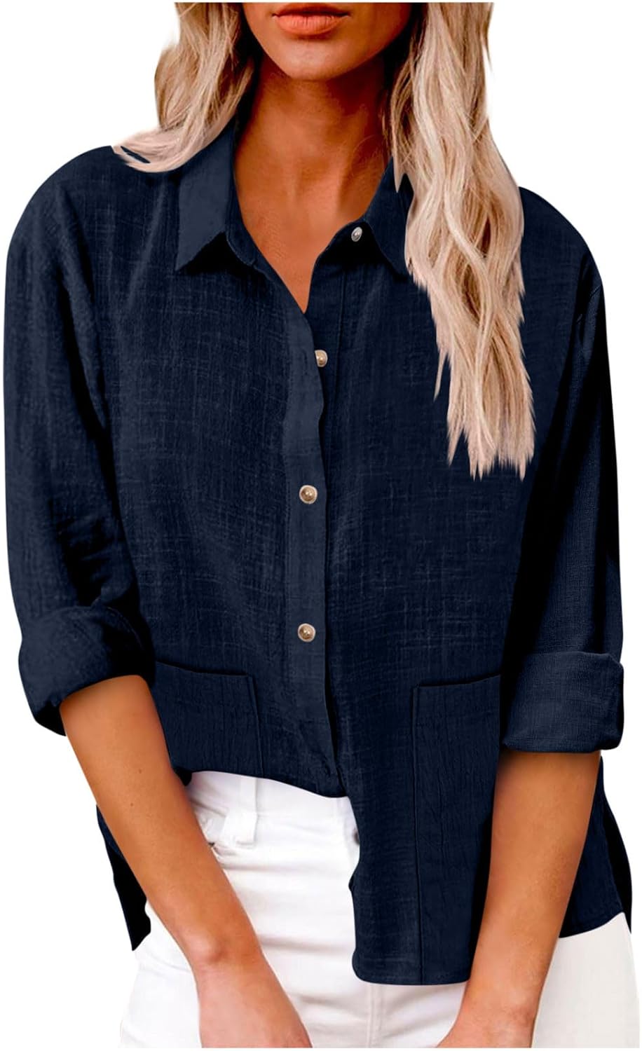 Womens Cotton Linen Button Down Shirt Casual Long Sleeve Classic Lapel Blouses Loose Fasion Work Tops with Pockets