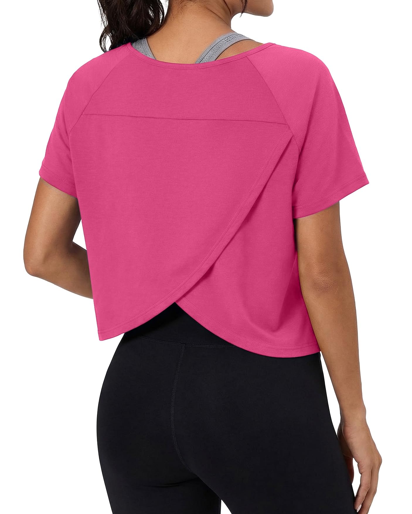 GRECERELLE Workout Tops for Women Short Sleeve Athletic Shirts Running Yoga Crop Gym Pilates Top Crossover Back Y2k — view 13