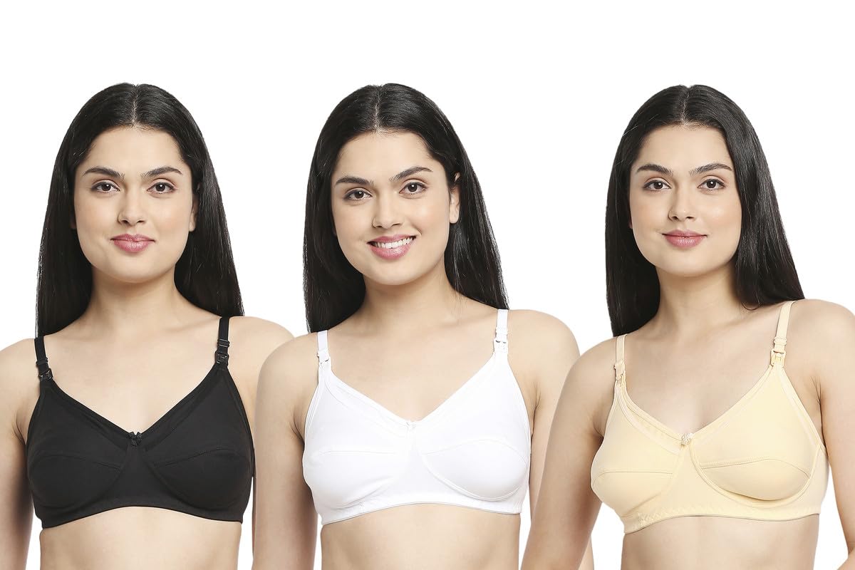 True Shape Maternity Bra for Women Feeding | Pack of 3 Nursing Bras with Easy Breastfeeding Access Made of PC Interlock | Feeding Bra for Women Full Coverage (TSFB-122-32D, Black-White-Cream)