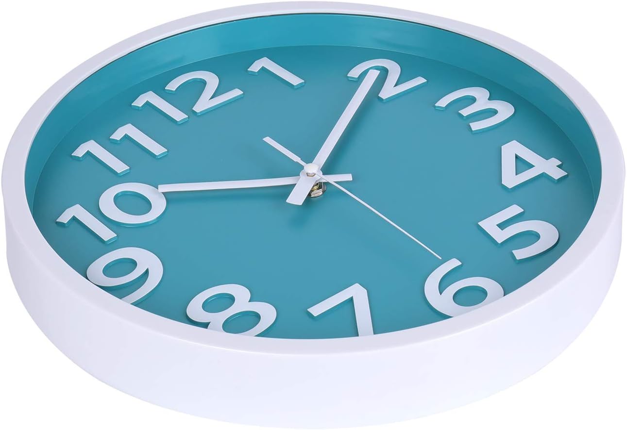 Wall Clock - 12 Inch 3D Numbers Easy to Read Round Wall Clock Silent Non-Ticking Battery Operated Teal Color Decor Clock for Living Room / Office / Bedroom : Home & Kitchen