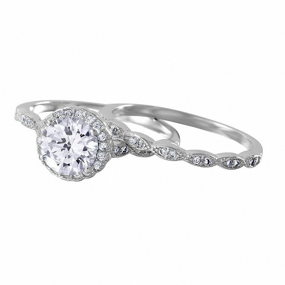 Blue Apple Co. - Anillo de compromiso de dos piezas con halo art déco, circonita cúbica de imitación redonda, plata de ley 925