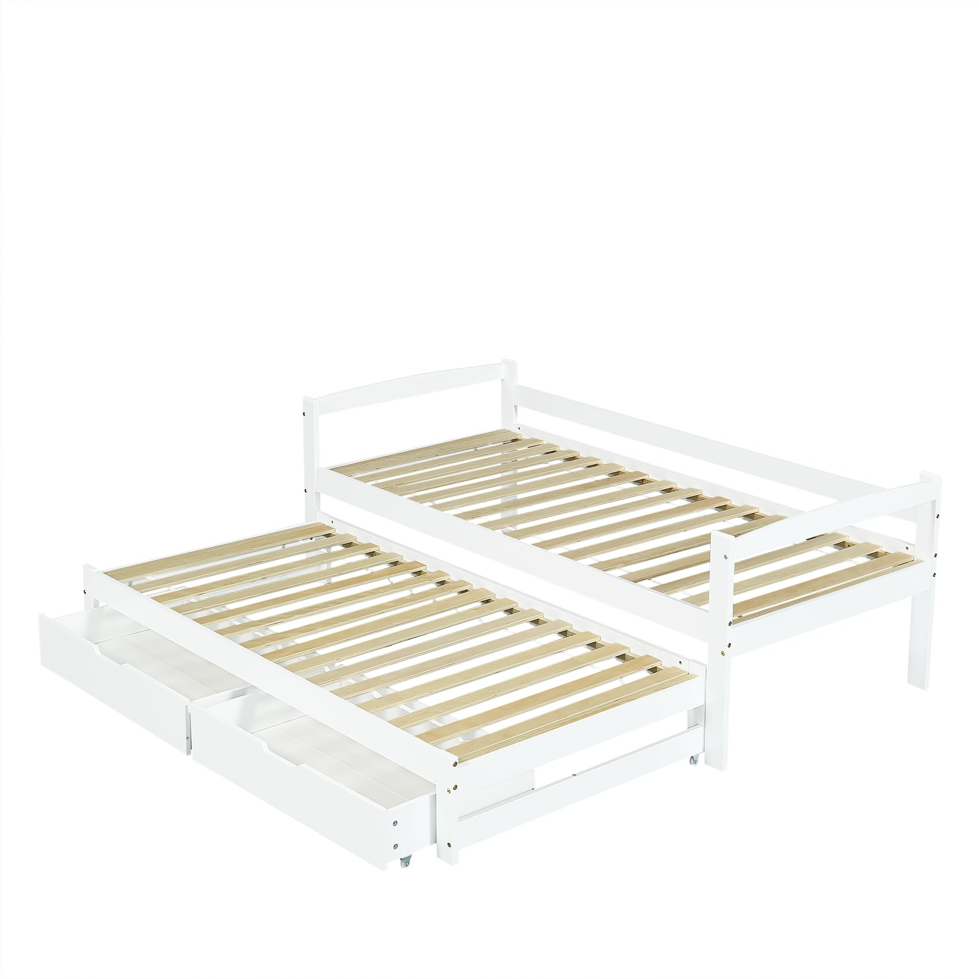 Moimhear Letto singolo e matrimoniale, letto scorrevole con ruote in basso, con 2 cassetti in MDF, struttura in legno massello, bianco (90x200cm/90x190cm)