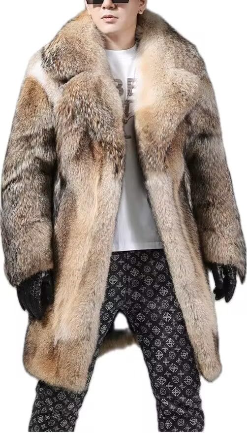 COATS- Winter Warm Long Over Coat For Men Natural Color Real Coyote Fur Luxury Large Lapel Outwear