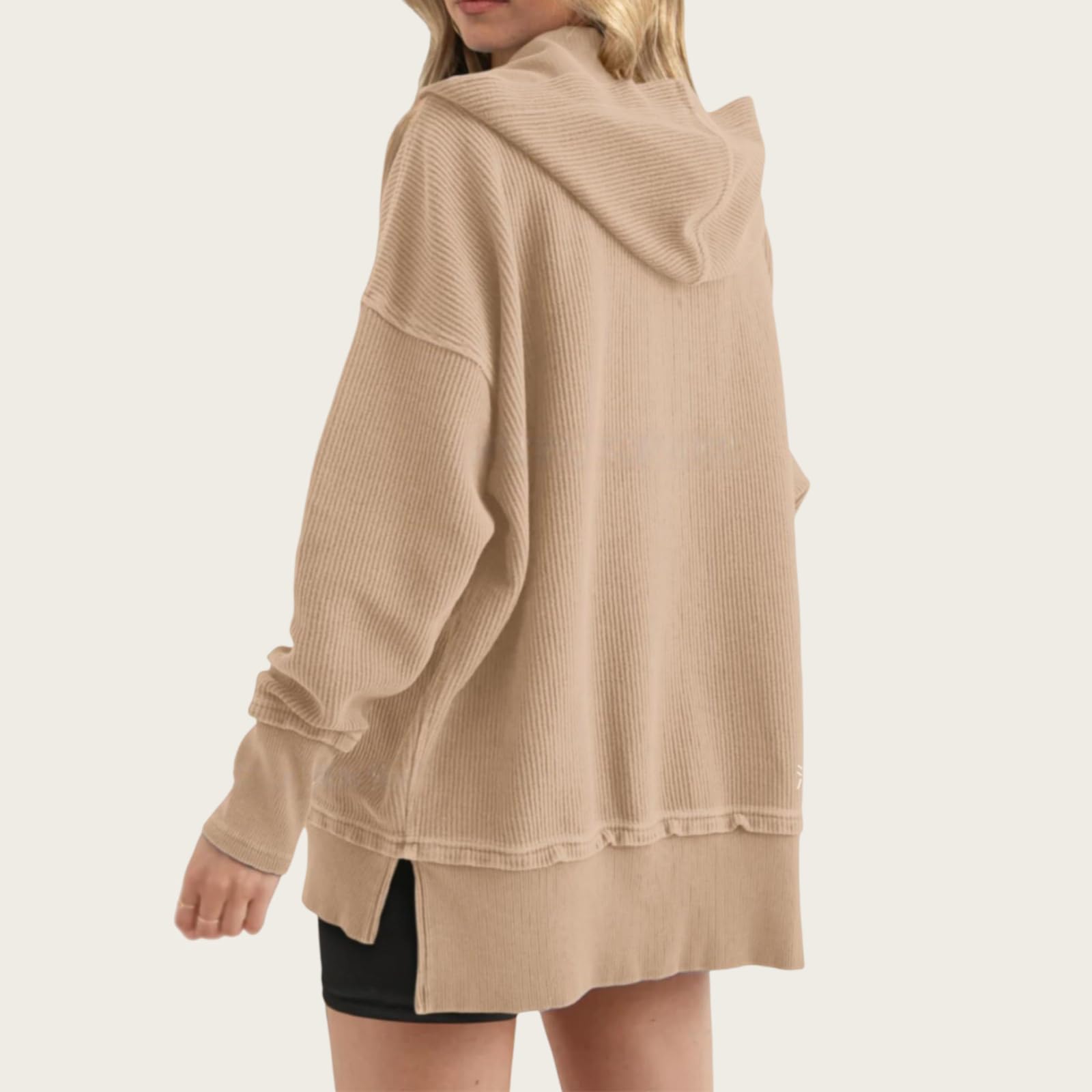 Bluza damska, luźny krój, dekolt w serek i rozcięcia z boku; odzież codzienna na jesień i zimę (Khaki, M)