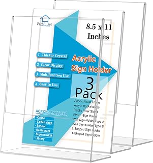 Acrylic Sign Holder 8.5x11, Desktop Slant Back Acrylic Sign Holder and Plastic L Shape Paper Display Stand for Restaurants, Office, Market, Library, Store, 3 Pcs