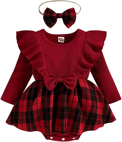 Miniatura 8 de Fsadfeas Mameluco de Navidad para niñas recién nacidas con falda de malla de terciopelo rojo traje de primera Navidad regalo de Navidad