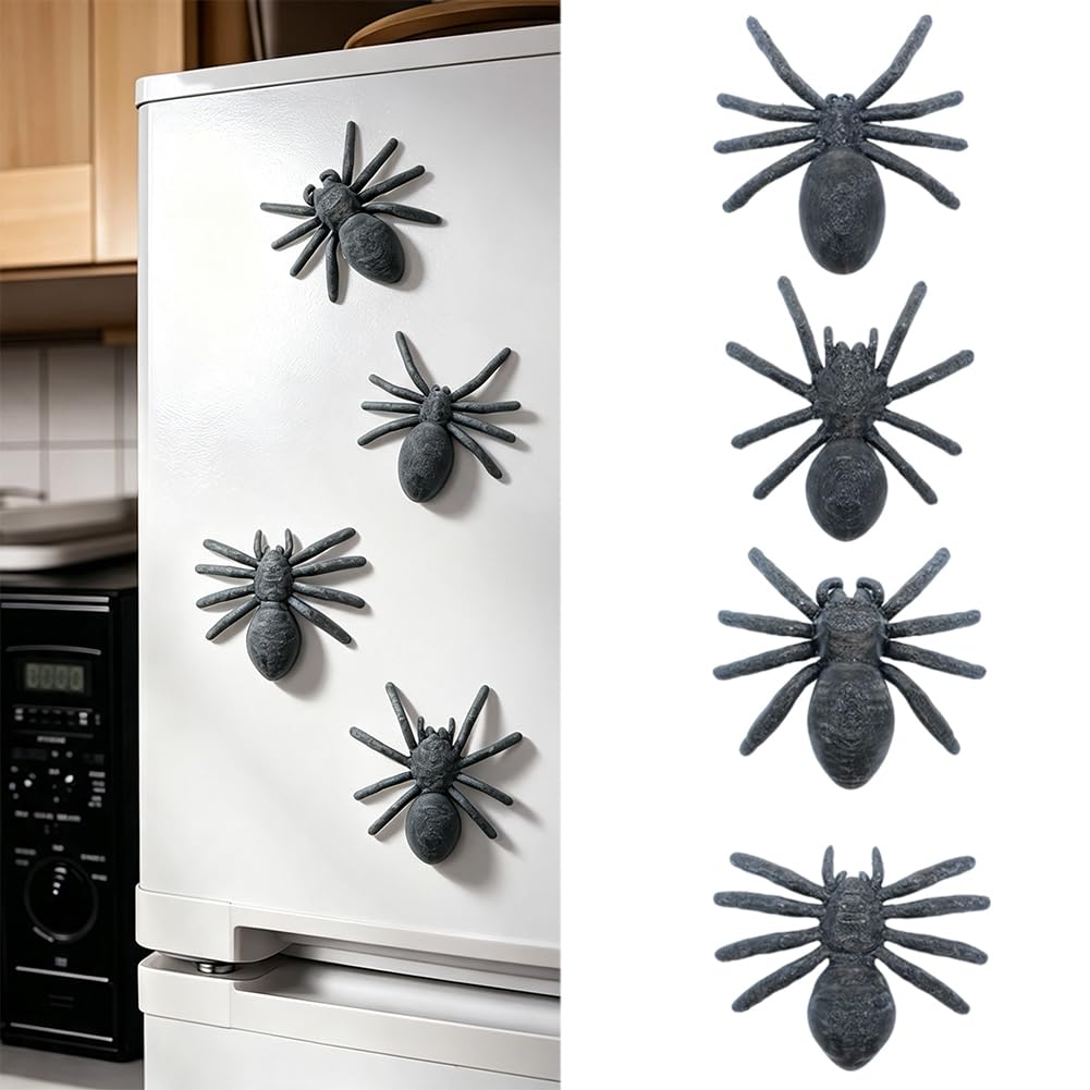 4 Pcs Realistic Halloween Spider Fridge Magnet, Removable Black Fake Spiders Magnetic Decals for Refrigerator, Car, Garage Door, Indoor Outdoor Decor