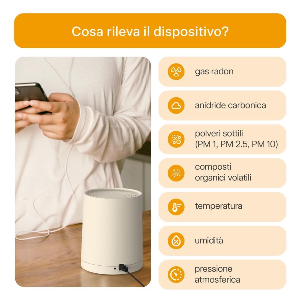 Radoff Sense- Air Quality Monitor, Misuratore Radon e Umidità Ambiente con Rilevatore CO2 COV PM, Sensore Temperatura Wifi e Pressione Atmosferica, Compatibile con Alexa, Integrazione Completa a Breve