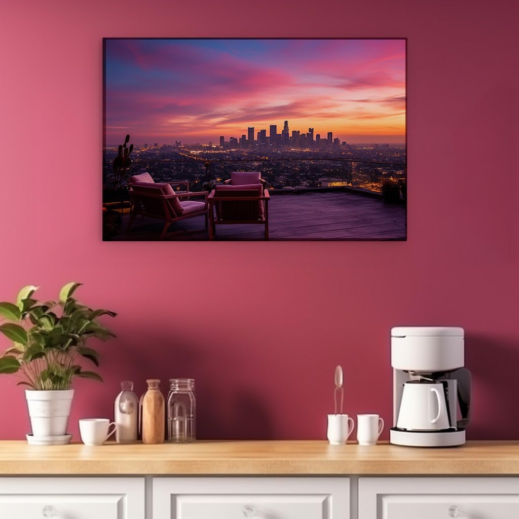 Canvas for Living room. Sunset Serenade: Downtown Los Angeles Bathed in Vibrant Hues, 27 x 18 inch Canvas Wall Art - Ready to Hang