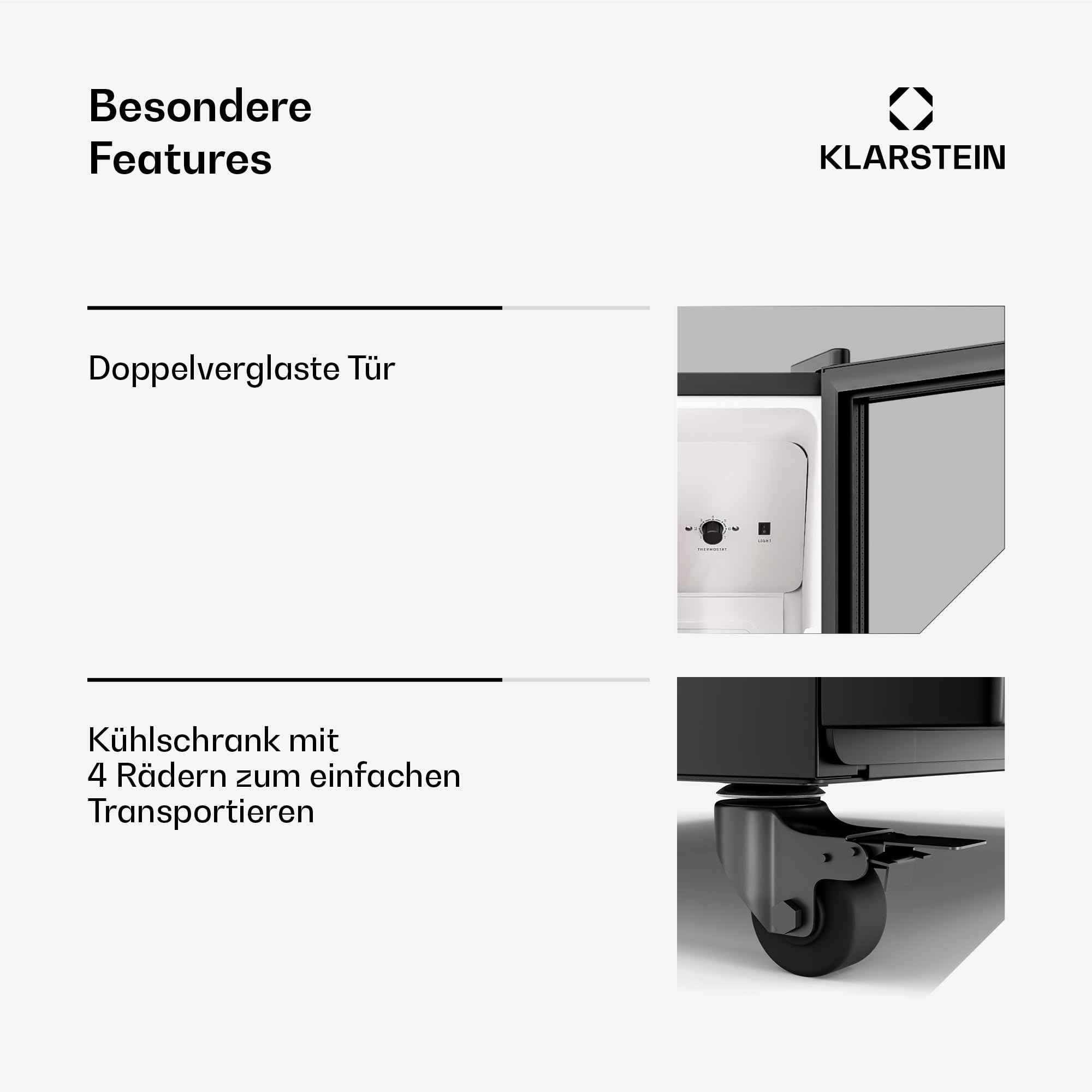 Klarstein GrandCooler 270L Getränkekühlschrank, Doppelt Verglaste Tür, LED-Beleuchtung, Mechanischer Thermostat, 0-10°C, 4 Räder, Energieklasse B