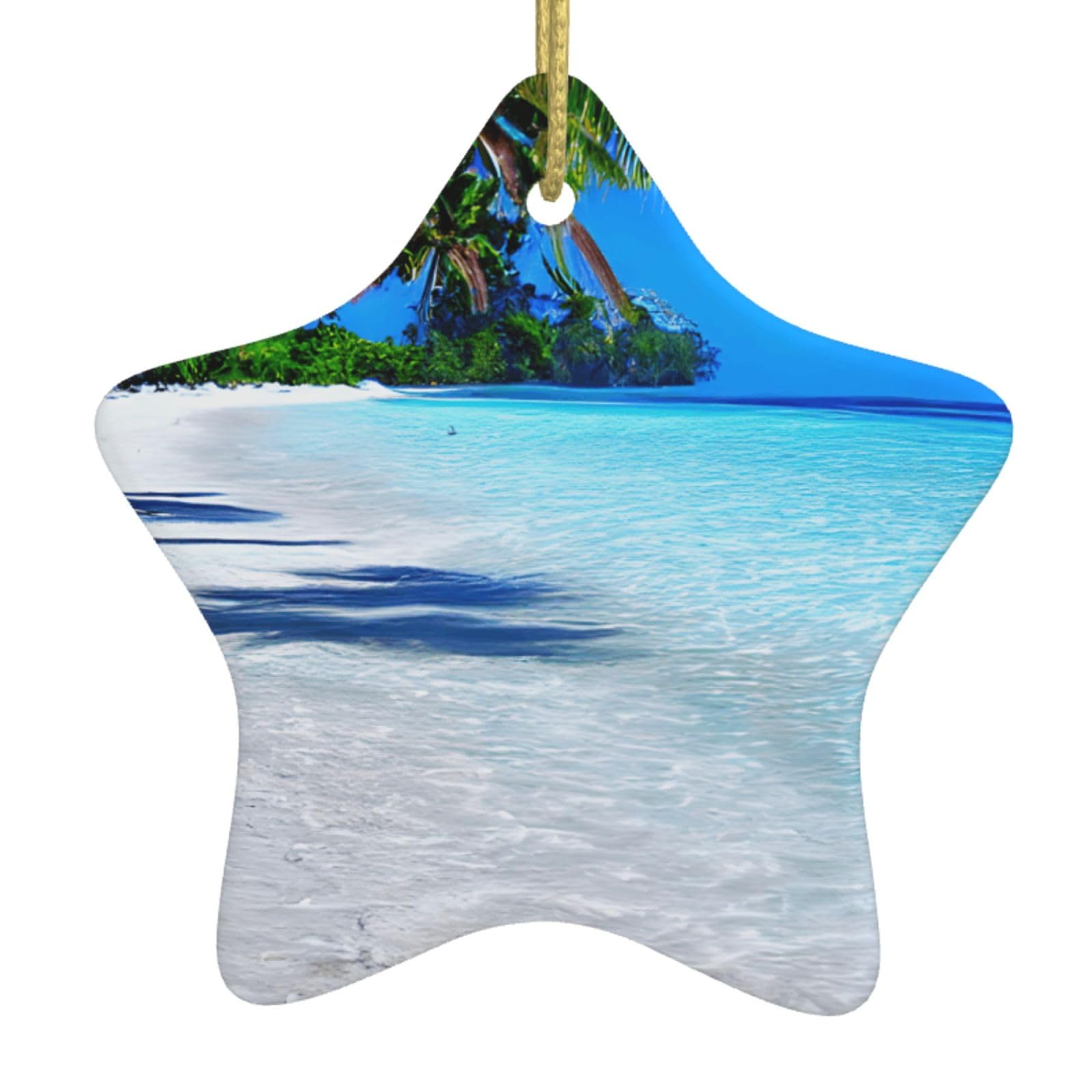 Nbtghga White Tropical Sand Beach And Ocean Print Christmas Ornaments, Ceramic Hanging Ornament, Round Shape Decorations