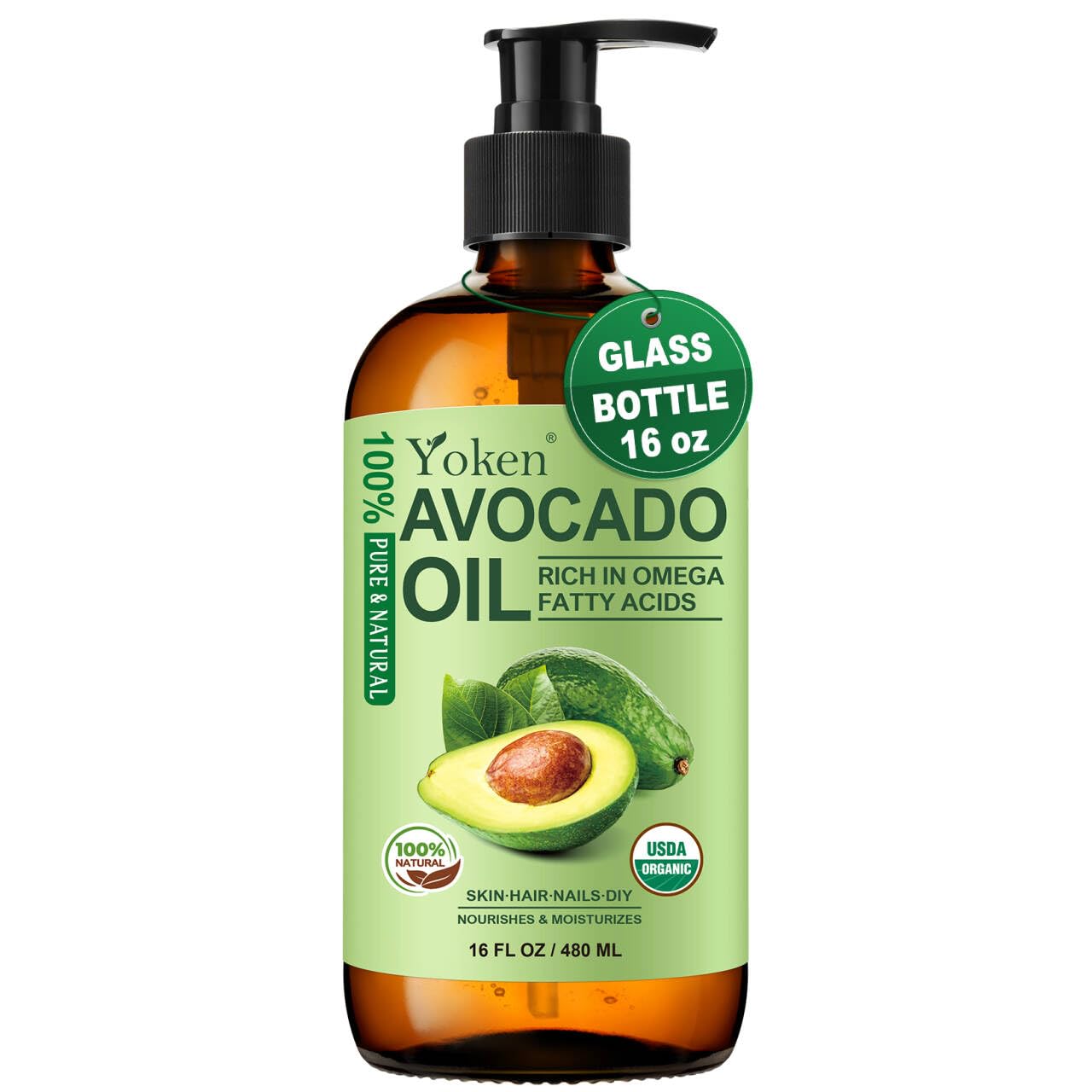 Organic Avocado Oil 16oz Glass Bottle, Cold Pressed Oil for Dry Scalp Hair | USDA Non Greasy 100% Pure Moisturizing Unscented Body Oil Skin Face Hydrating for Essential Oils Mixing aceite para cabello