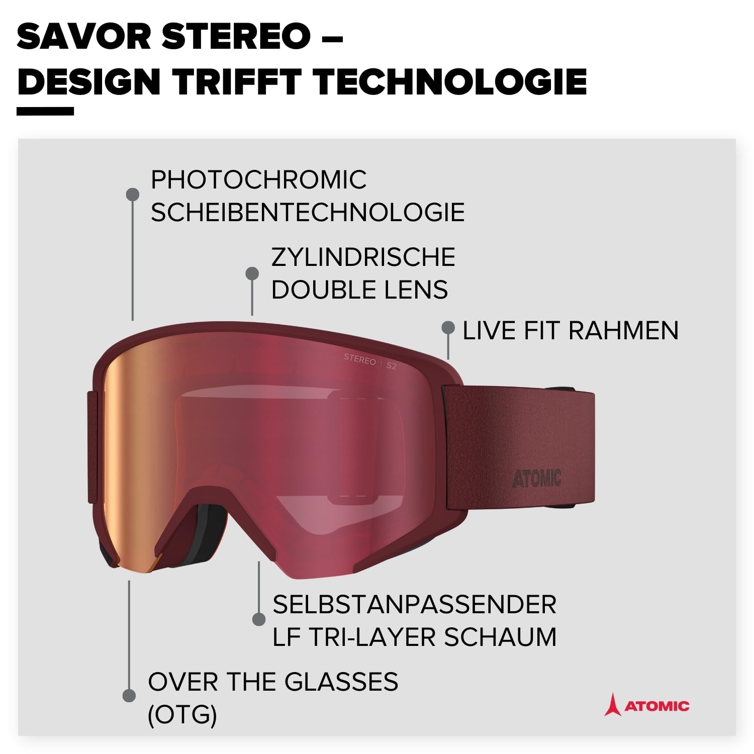 ATOMIC SAVOR STEREO Skibrille I Ski- & Snowboardbrille mit Stereo Scheibentechnologie für klare Sicht I Damen- & Herren-Ski-Brille mit Live Fit Rahmen für individuelle Passform