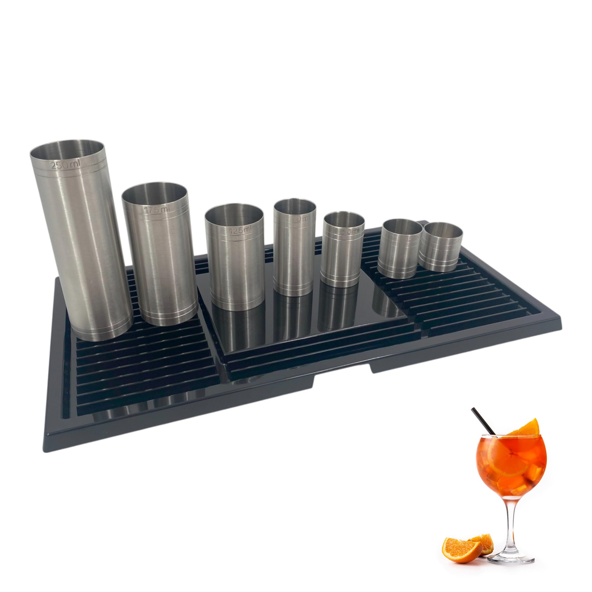 Chabrias Ltd Barware Black Ridged Hard Plastic Drip Tray & 7 Piece Thimble Set 42.5cm and Stainless Steel Thimble Measures, 25ml to 250ml, Home Bars, Pubs & Cocktail Stations