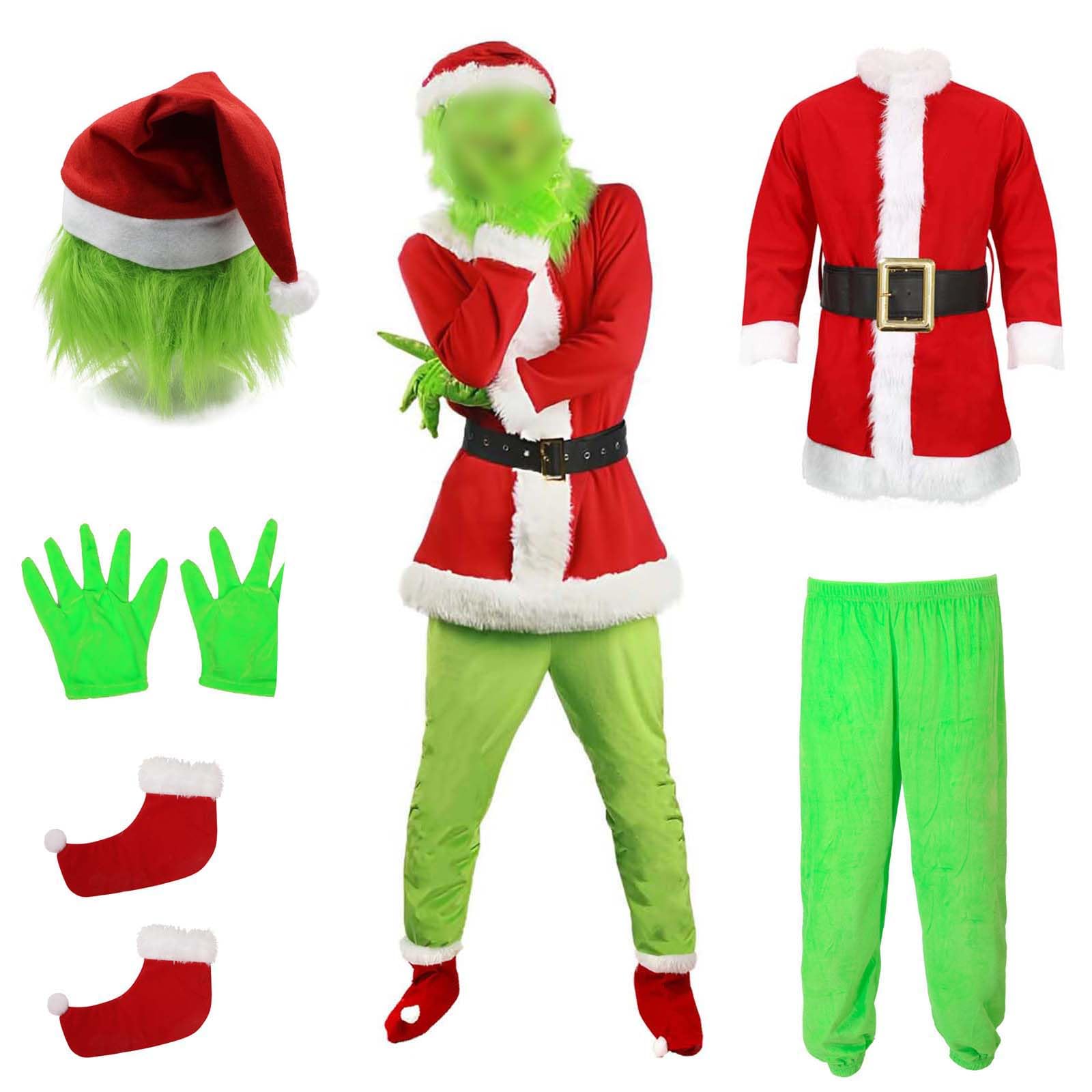 nezafly Christmas Green Monster Costumes Adults 5Pcs Furry Outfits Long Sleeve Hooded Top and Pants Sets Fancy Dress for Christmas Party Santa Suits