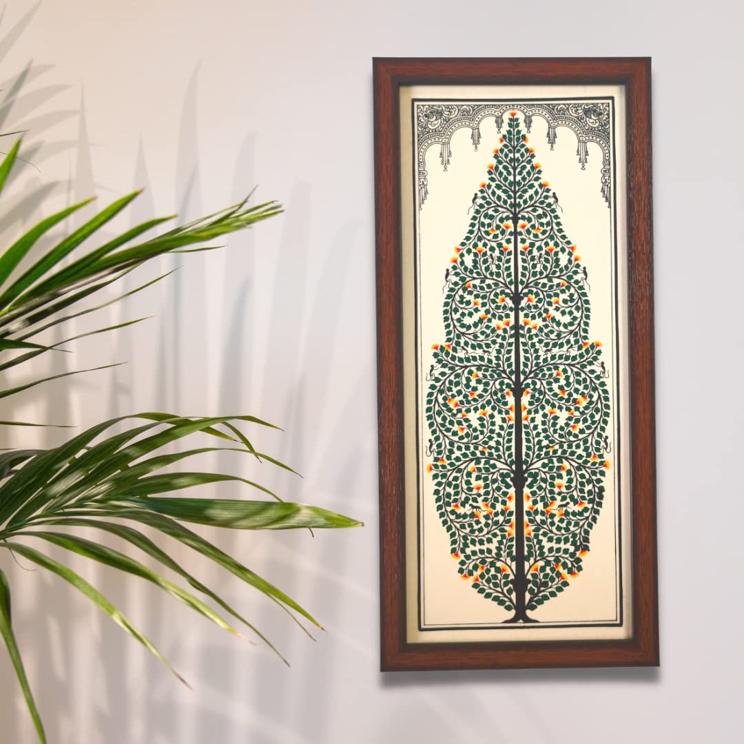 Bhumee Creations Pattachitra Tree of life Tussar Silk Picture Frame | Size - 19 Inches * 9 Inches | Gift for all occasions (Green, Tussar Silk)