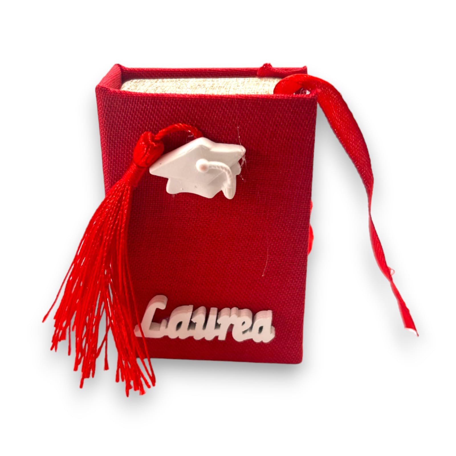 Scatola Box Libro Ricordo Laurea in Tela Rossa Decorazioni Bianche con 12 Scatoline Portaconfetti Idea Regalo Pary Cerimonia Festa