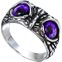 AZYOUNG Unisex 316L Stainless Steel Relief Surface Vintage Blue Green Eyed Owl Ring,Size 6-10