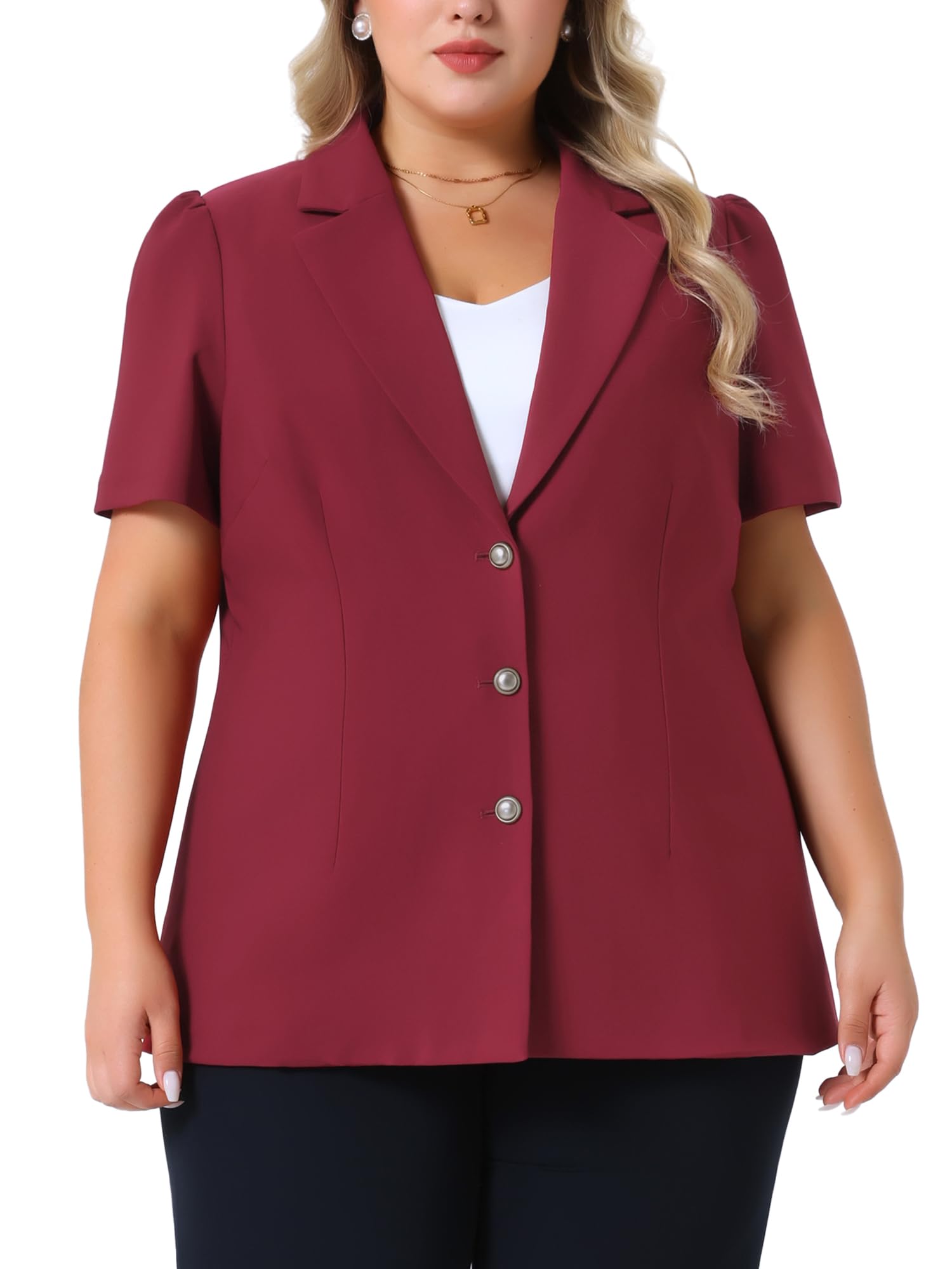 Agnes Orinda Plus Size Women Blazers Short Puff Sleeve Notched Lapel Single Breasted Office Blazer Jackets