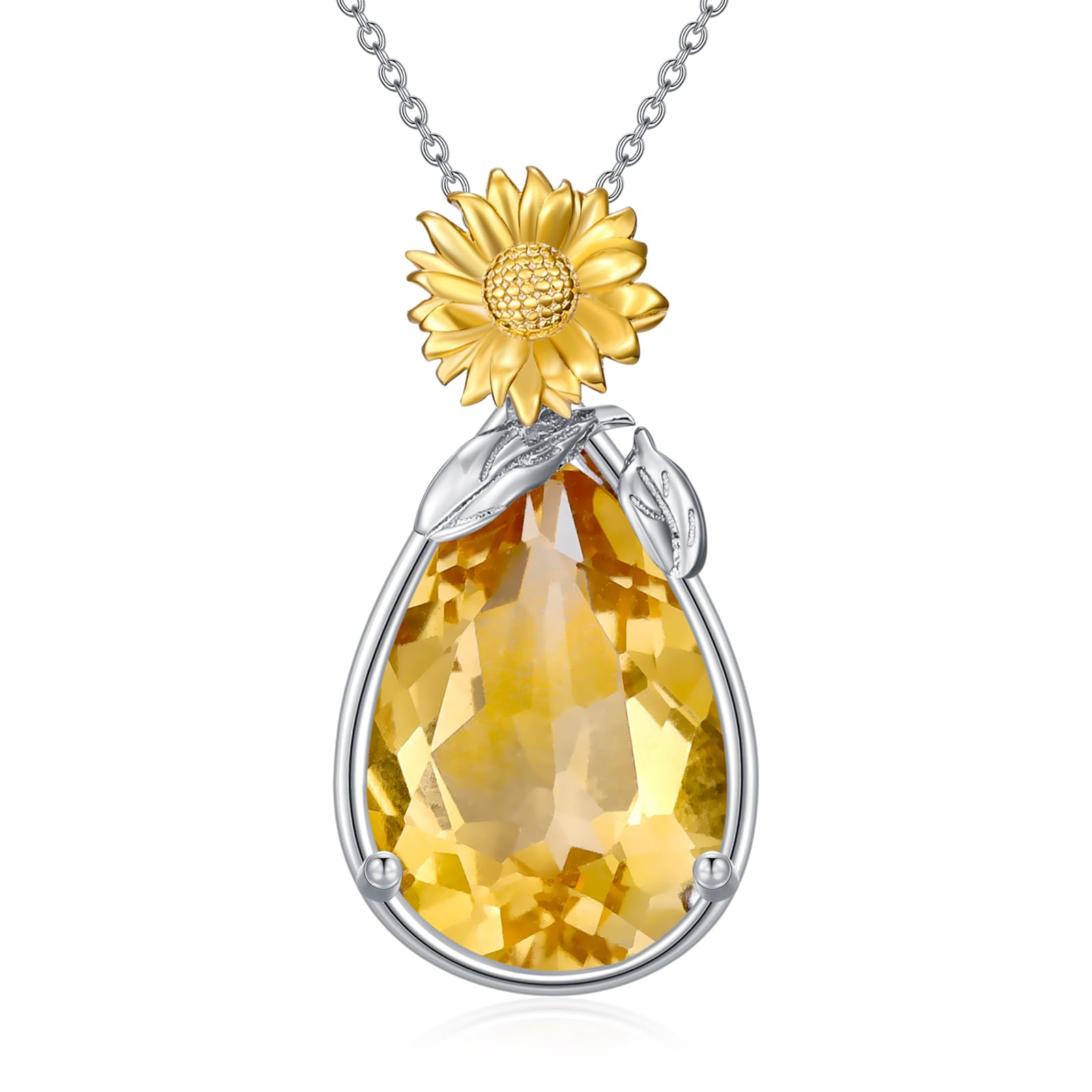 BETHZA Citrine Sunflower Necklace 925 Sterling Silver Natural Pear Citrine Sunflower Pendant Jewelry Gift for Women