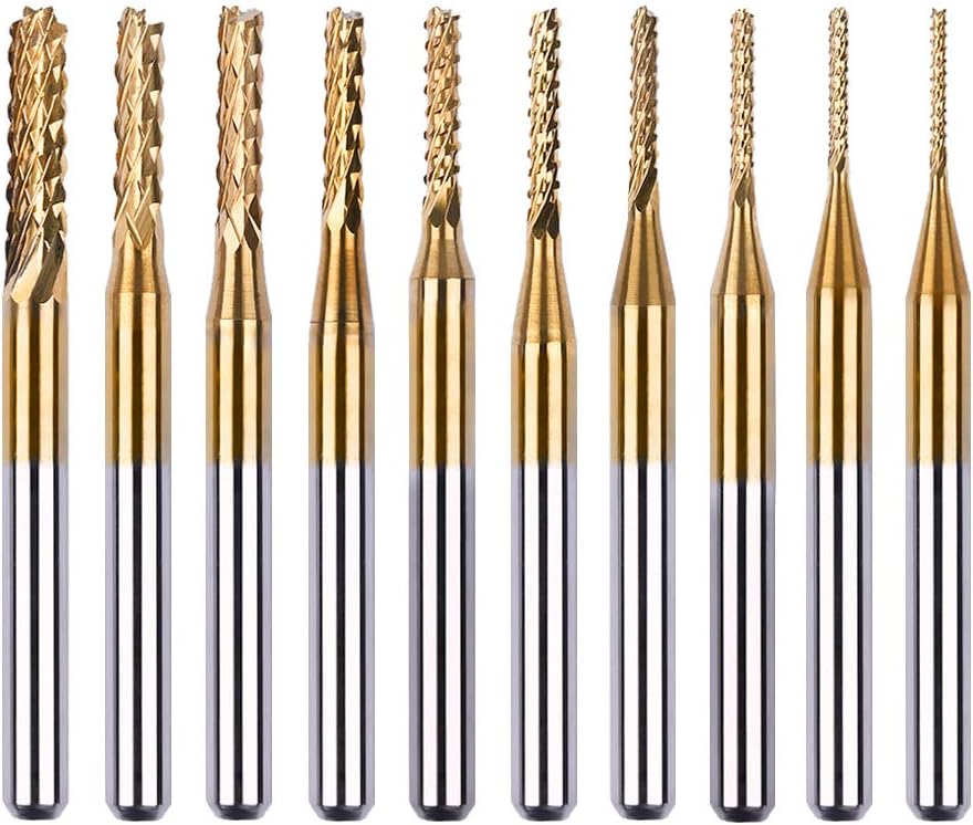 Mesee 10Pcs Titanium Coat Carbide End Milling Engraving Bits, 1/8 inch Shank CNC Rotary Burrs Bit Set for PCB SCM Circuit Board Plastic Fiber Wood Rotary Drilling Tool Accessory, 0.8mm-3.175mm