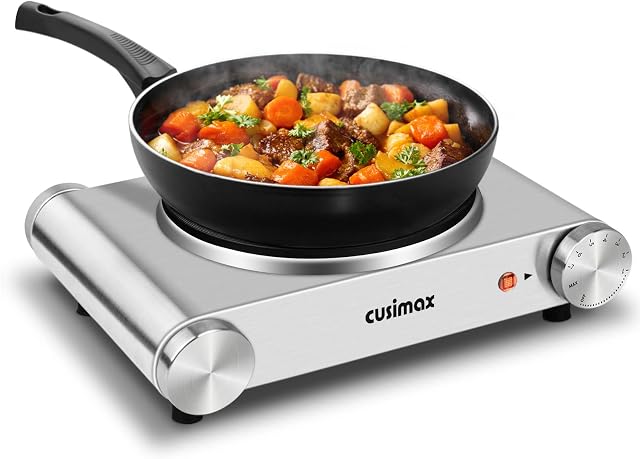 CUSIMAX Hot Plate, Portable Electric Hob Single Burner, 1500W Cast Iron Hot Plates for Cooking with Adjustable Temperature Control, Stainless Steel, Silver