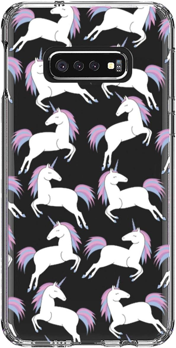 DistinctInk Clear Shockproof Hybrid Case for Samsung Galaxy S10e (5.8" Screen) - TPU Bumper, Acrylic Back, Tempered Glass Screen Protector - Repeating Pastel Unicorns