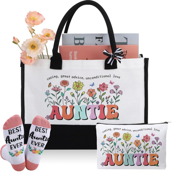 ViEinkaufen Auntie Gifts Tote Bag Makeup Bag and Socks for Auntie Mum