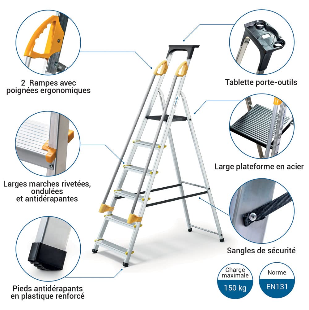 HOSTRÖM Escabeau 6 marches DURAMP sécurisé avec rampes, Tablette Porte-Outils, marchepied Pliable Aluminium, Hauteur Plateforme 119cm, Garantie 5 Ans