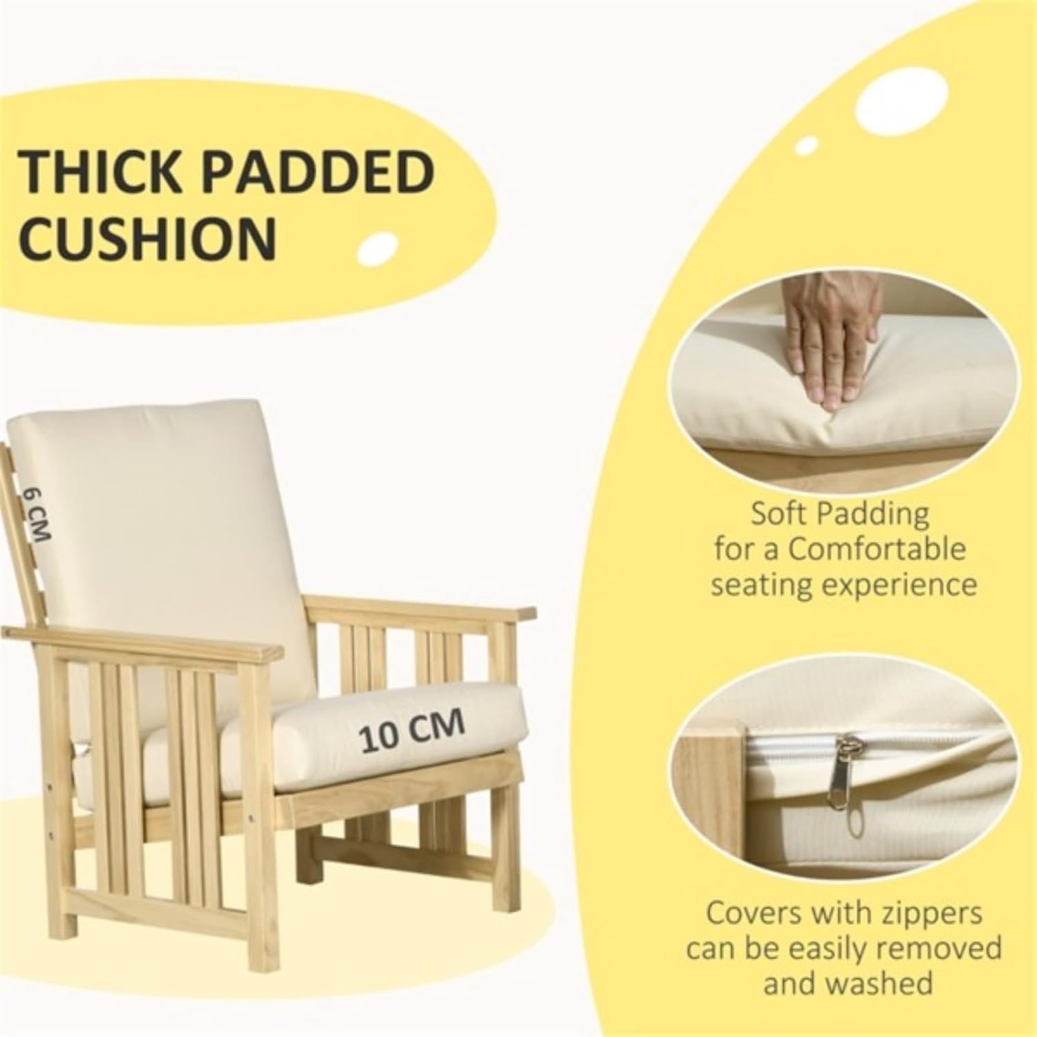 2-Piece Set of Chairs, Armchair, Lounge Chair, Garden Chair, Footstool, Patio Furniture, Thickly Padded Back and Seat, Natural Wood Color