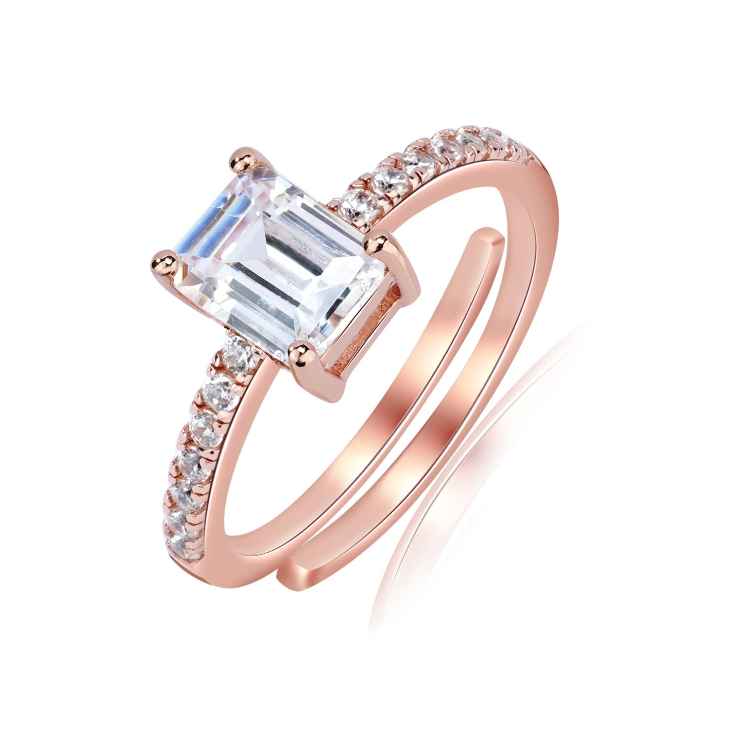 MISS JO 92.5 Sterling Silver Elegant Emerald Cut Ring, Adjustable Engagement Ring, Elegant Whites Collection, Wedding Gift for Women, BIS Hallmarked -Rose Gold Polish (B0CQ4MH5QC) Amazon Price History, Amazon Price Tracker